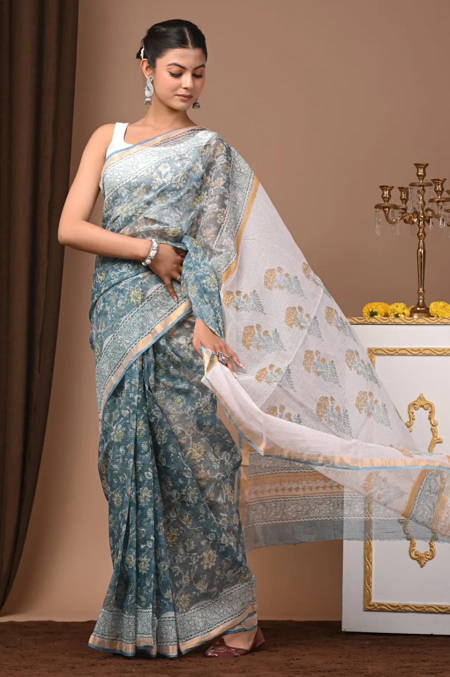 Handcrafted Bagru Print Kota Saree